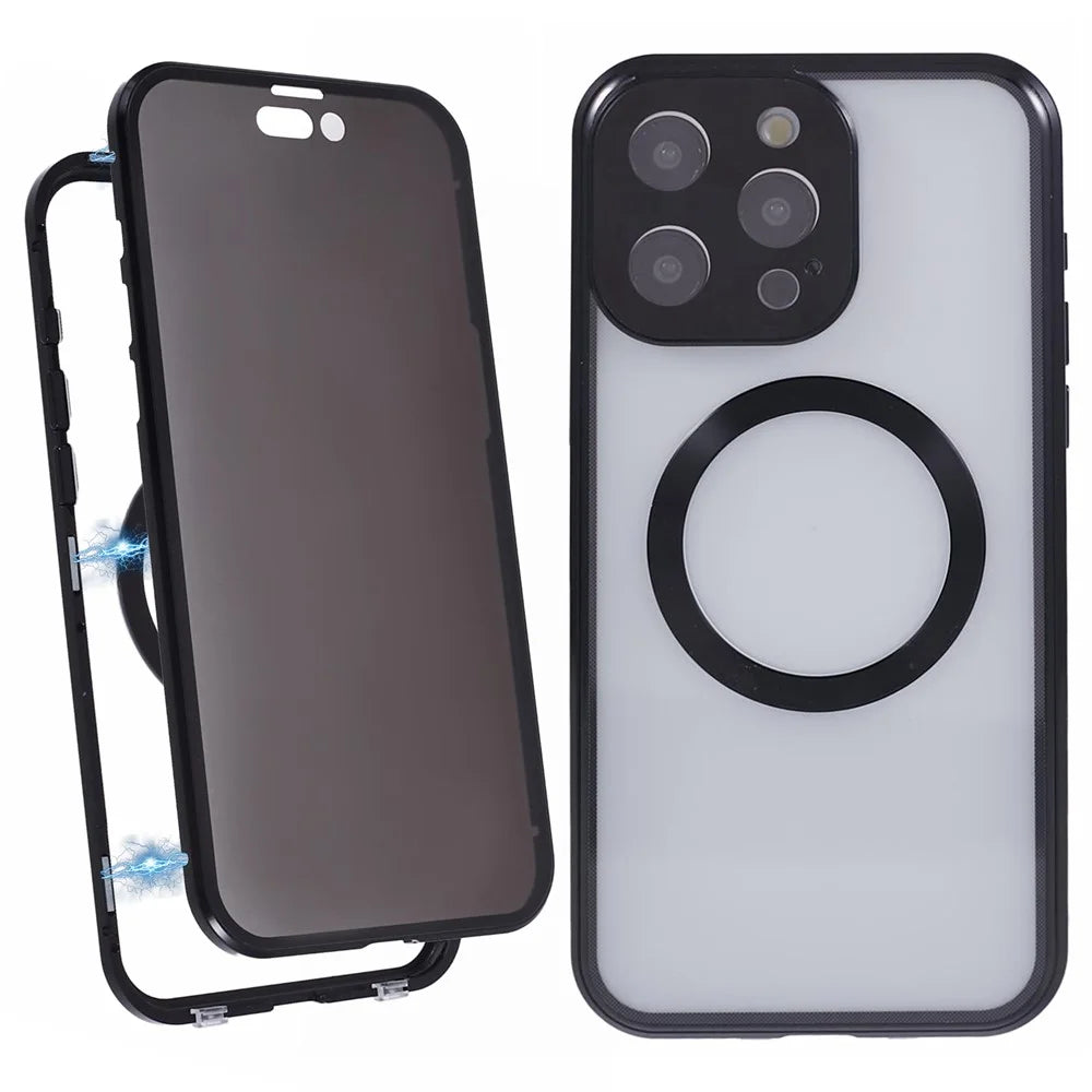 For iPhone 13 Pro Max Magnetic Case Anti-Spy Tempered Glass Double-Sided Phone Cover - Black - 1