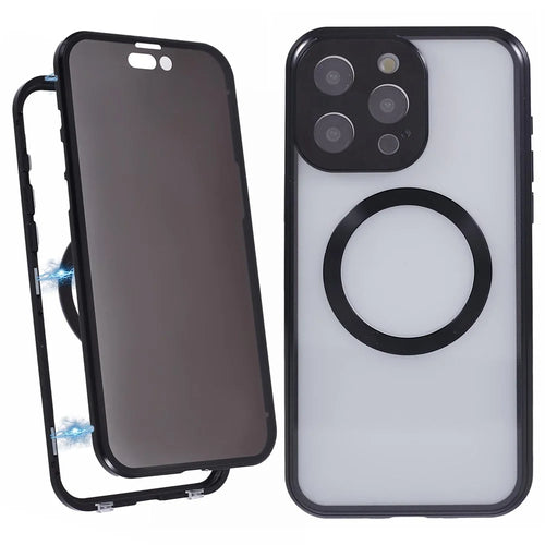 For iPhone 13 Pro Max Magnetic Case Anti-Spy Tempered Glass Double-Sided Phone Cover - Black - 1