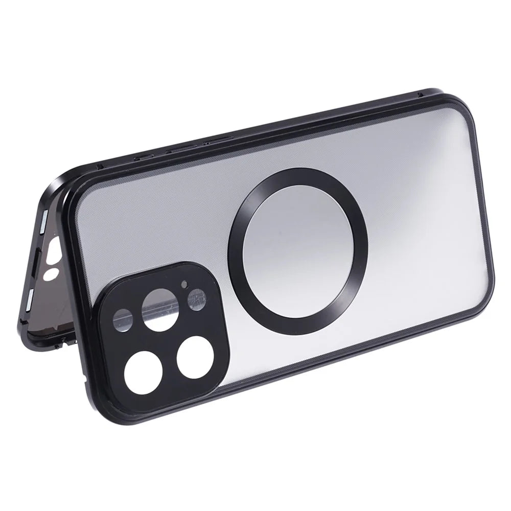 For iPhone 13 Pro Max Magnetic Case Anti-Spy Tempered Glass Double-Sided Phone Cover - Black - 5