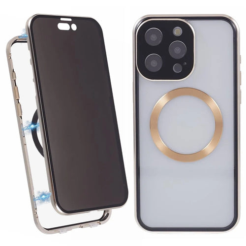 For iPhone 13 Pro Case Double-Sided Tempered Glass Anti-Peep Cover Compatible with MagSafe - Gold - 1