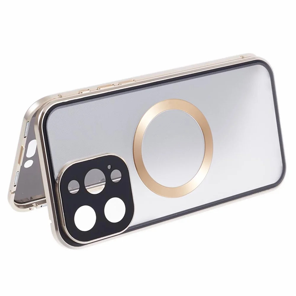 For iPhone 13 Pro Case Double-Sided Tempered Glass Anti-Peep Cover Compatible with MagSafe - Gold - 5