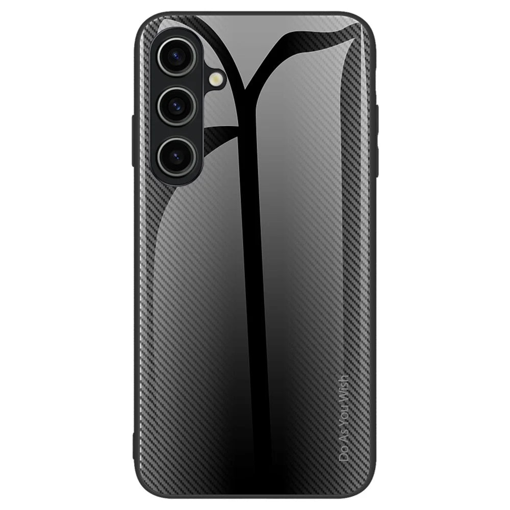 For Samsung Galaxy A55 5G Case Carbon Fiber Texture Tempered Glass+TPU Phone Back Shell - Black - 1