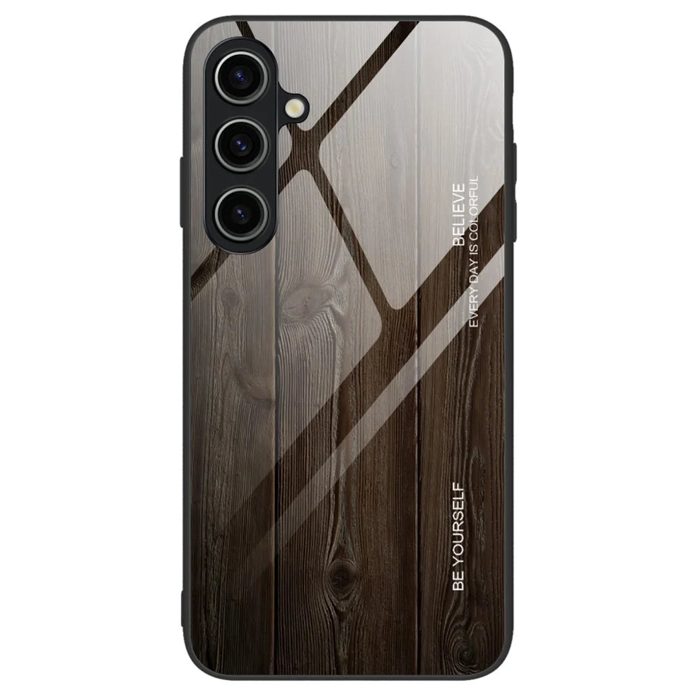 For Samsung Galaxy A55 5G Case Wood Texture Tempered Glass+TPU Protective Cover - Black - 1