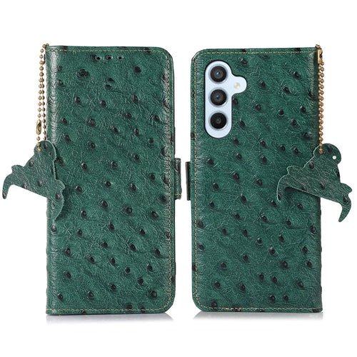 For Samsung Galaxy A55 5G Ostrich Texture Phone Case RFID Blocking Genuine Cow Leather Cover - Green - 1