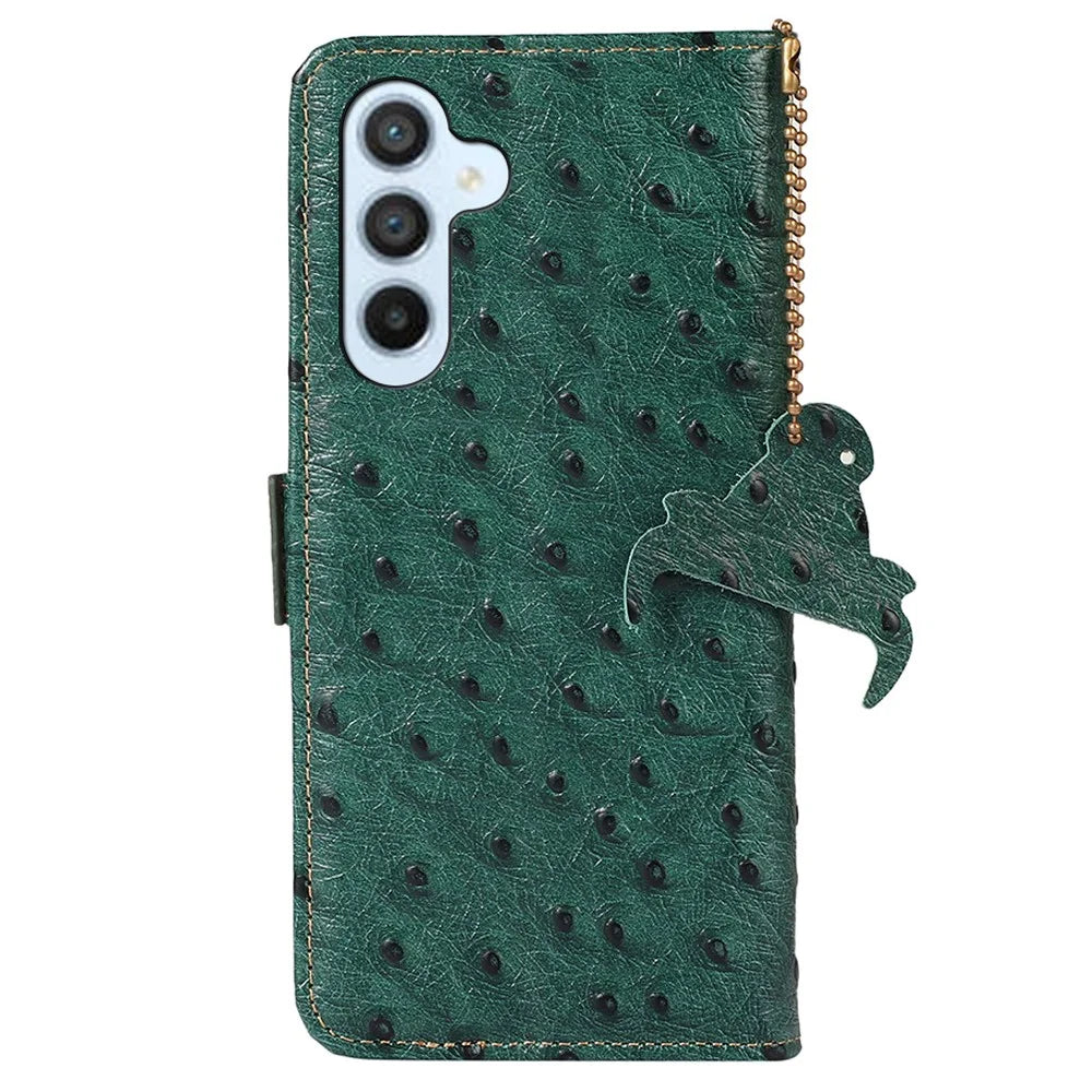 For Samsung Galaxy A55 5G Ostrich Texture Phone Case RFID Blocking Genuine Cow Leather Cover - Green - 7