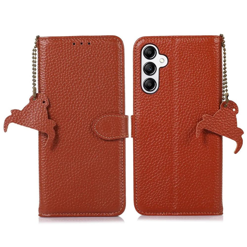 For Samsung Galaxy A55 5G RFID Blocking Wallet Case Genuine Cow Leather Litchi Pattern Cover - Brown - 1