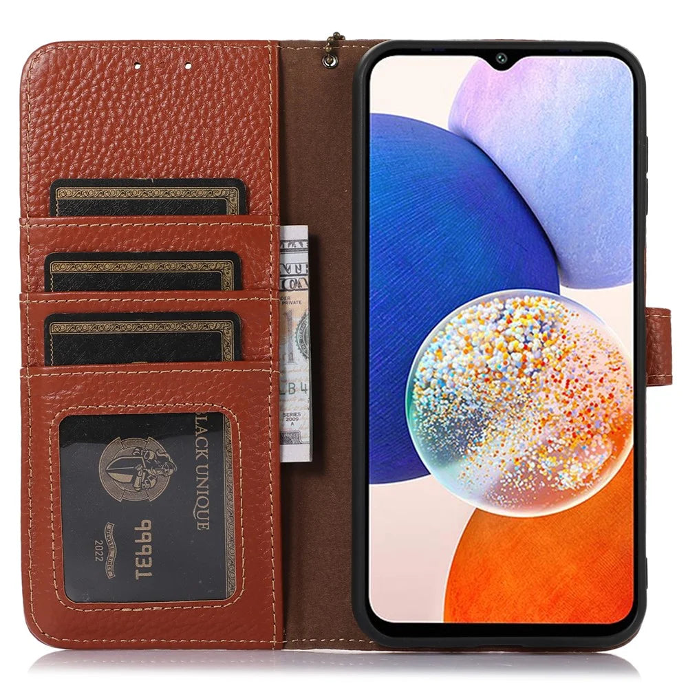 For Samsung Galaxy A55 5G RFID Blocking Wallet Case Genuine Cow Leather Litchi Pattern Cover - Brown - 2