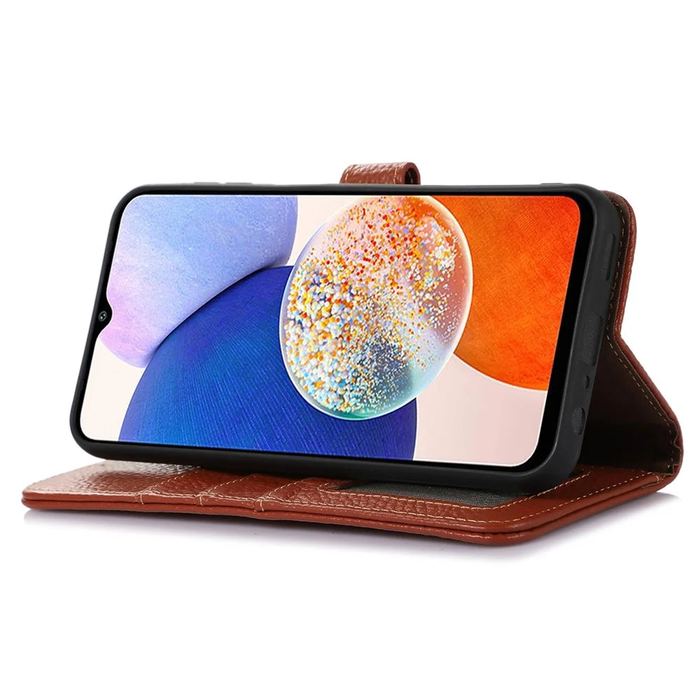 For Samsung Galaxy A55 5G RFID Blocking Wallet Case Genuine Cow Leather Litchi Pattern Cover - Brown - 3