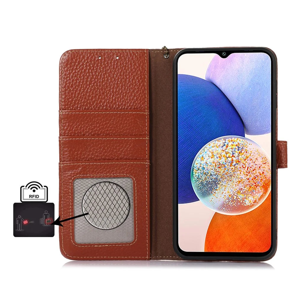 For Samsung Galaxy A55 5G RFID Blocking Wallet Case Genuine Cow Leather Litchi Pattern Cover - Brown - 4