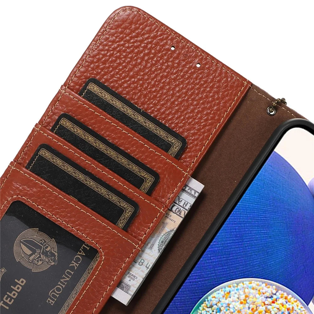 For Samsung Galaxy A55 5G RFID Blocking Wallet Case Genuine Cow Leather Litchi Pattern Cover - Brown - 5