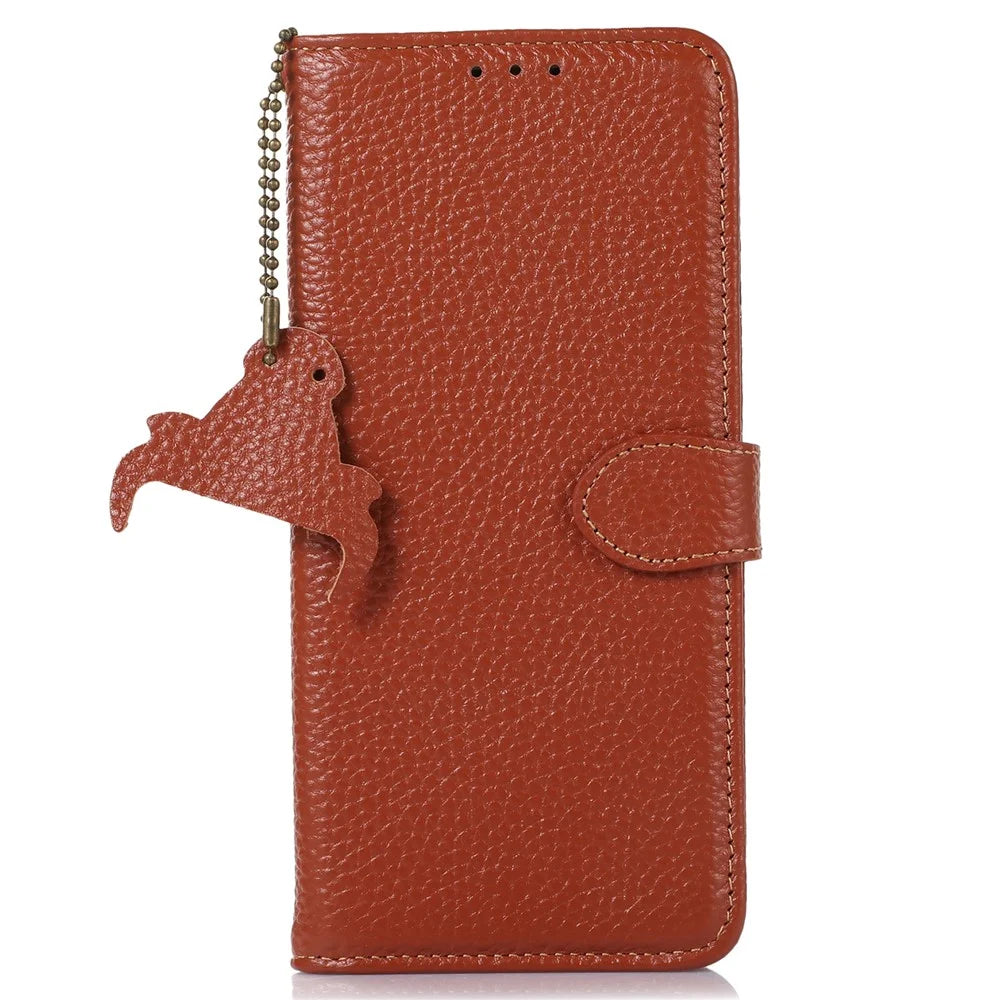 For Samsung Galaxy A55 5G RFID Blocking Wallet Case Genuine Cow Leather Litchi Pattern Cover - Brown - 6