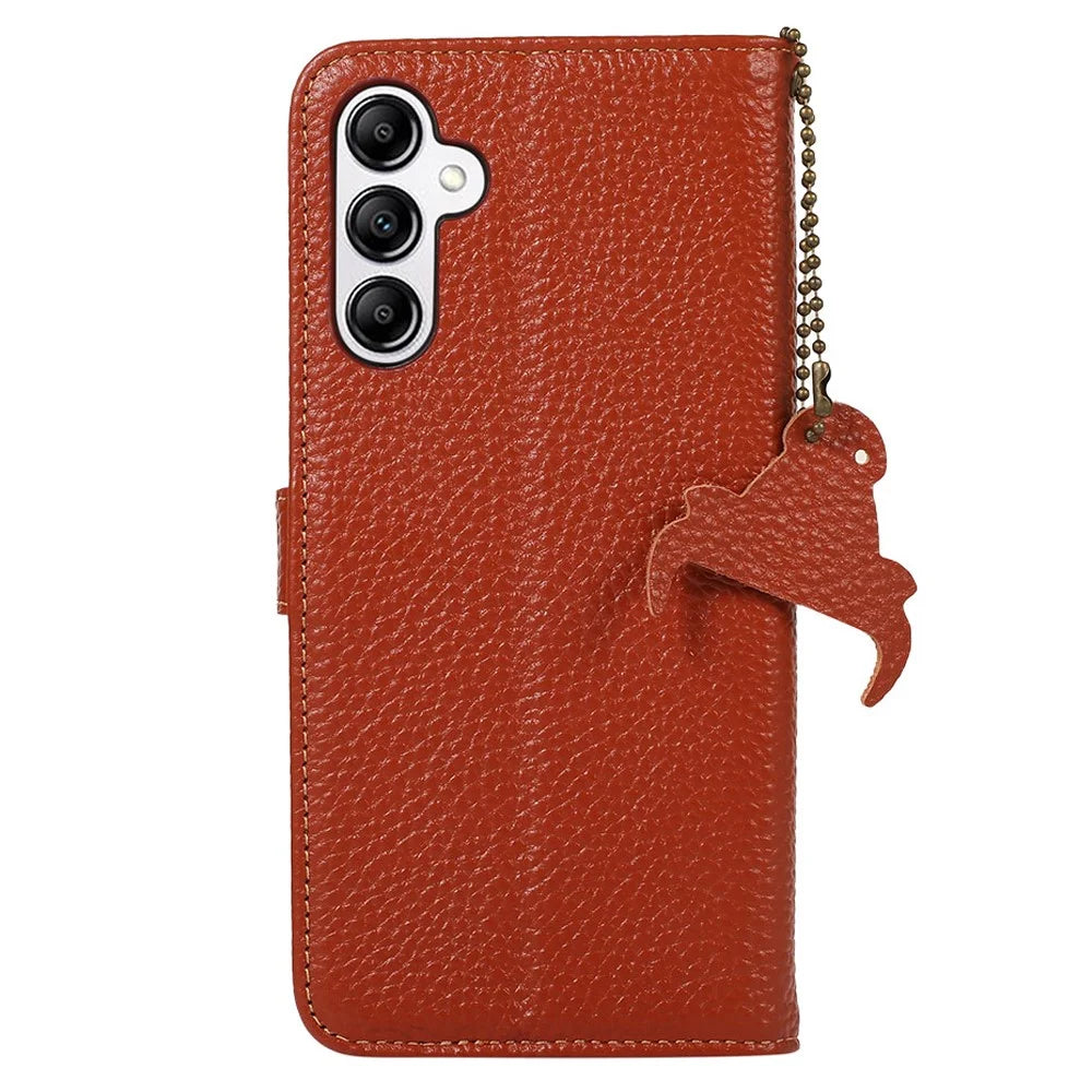 For Samsung Galaxy A55 5G RFID Blocking Wallet Case Genuine Cow Leather Litchi Pattern Cover - Brown - 7