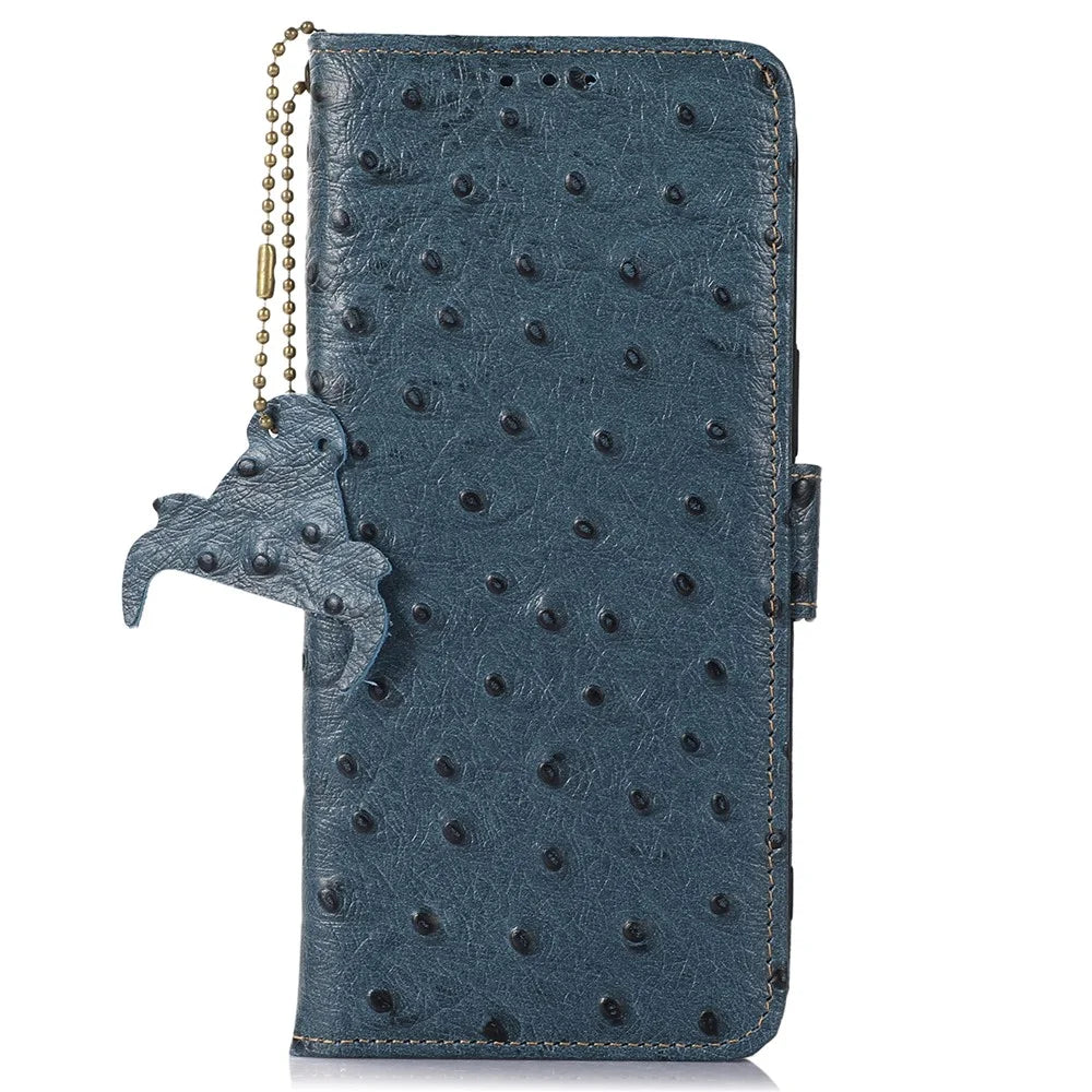 For Samsung Galaxy A35 5G Ostrich Pattern Genuine Cow Leather Cover - Blue - 6