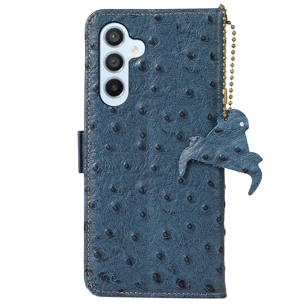 For Samsung Galaxy A35 5G Ostrich Pattern Genuine Cow Leather Cover - Blue - 7