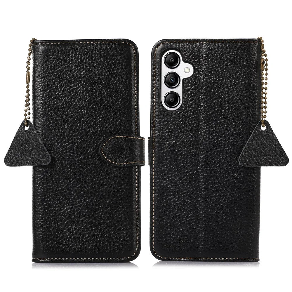 For Samsung Galaxy A25 5G (Global) (161.0 x 76.5 x 8.3mm) Genuine Cow Leather Phone Cover Lychee Texture Case - Black - 1