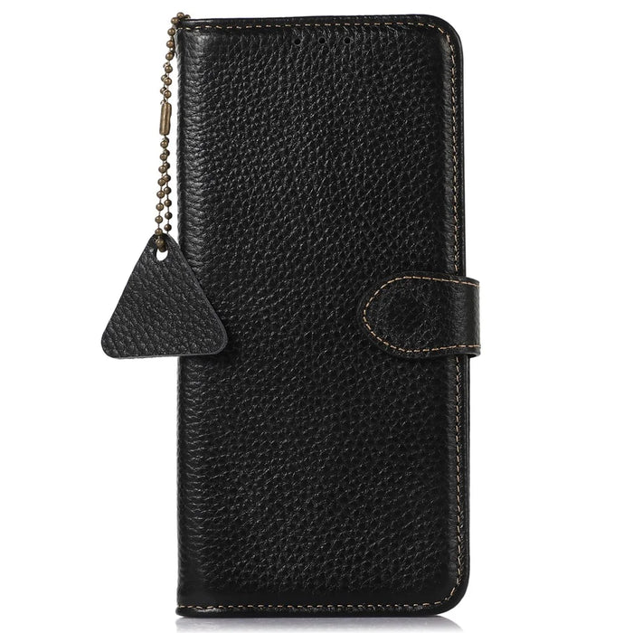 For Samsung Galaxy A25 5G (Global) (161.0 x 76.5 x 8.3mm) Genuine Cow Leather Phone Cover Lychee Texture Case - Black - 6