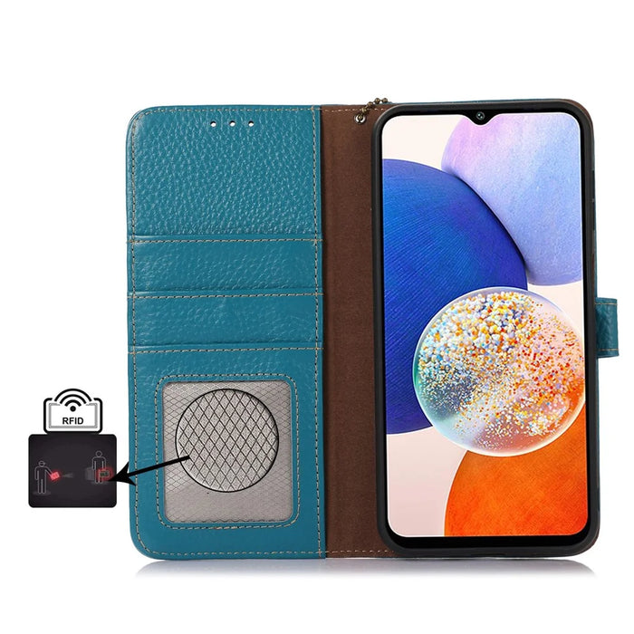 Wallet Case for Samsung Galaxy A35 5G Genuine Cow Leather Folio with RFID Blocking Cover - Blue - 4
