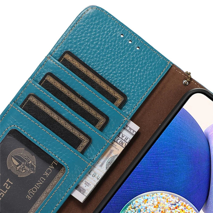 Wallet Case for Samsung Galaxy A35 5G Genuine Cow Leather Folio with RFID Blocking Cover - Blue - 5