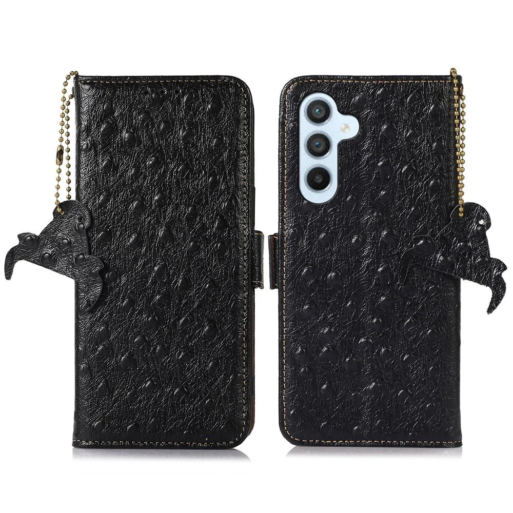 For Samsung Galaxy A25 5G (Global) (161.0 x 76.5 x 8.3mm) Wallet Cover Ostrich Pattern Genuine Cow Leather Case - Black - 1