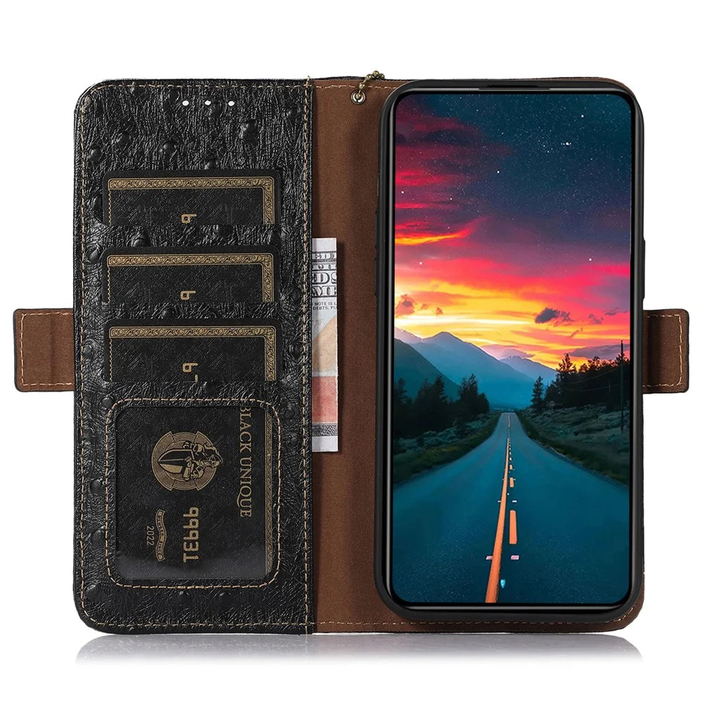For Samsung Galaxy A25 5G (Global) (161.0 x 76.5 x 8.3mm) Wallet Cover Ostrich Pattern Genuine Cow Leather Case - Black - 2