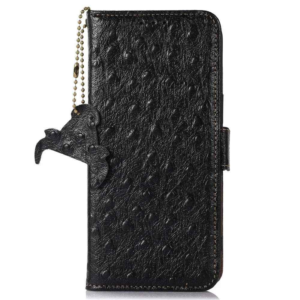 For Samsung Galaxy A25 5G (Global) (161.0 x 76.5 x 8.3mm) Wallet Cover Ostrich Pattern Genuine Cow Leather Case - Black - 6