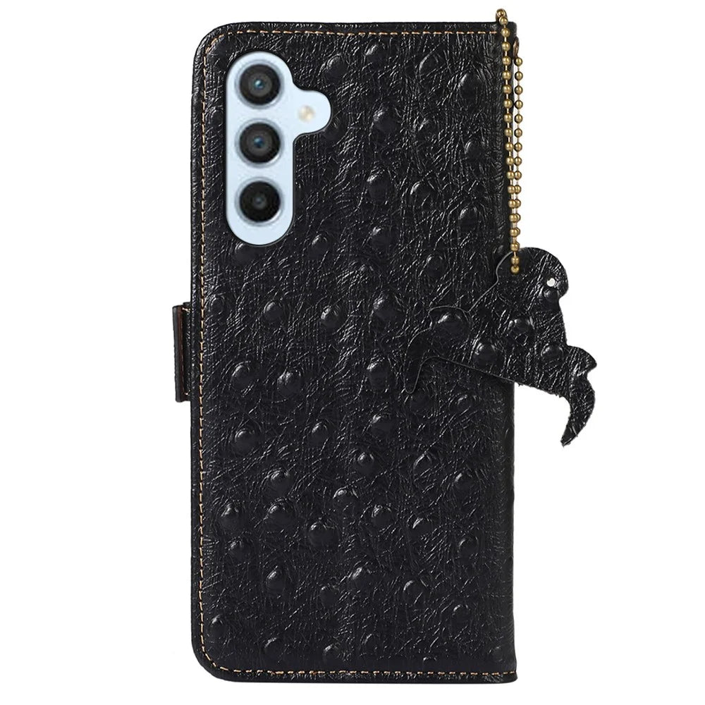 For Samsung Galaxy A25 5G (Global) (161.0 x 76.5 x 8.3mm) Wallet Cover Ostrich Pattern Genuine Cow Leather Case - Black - 7