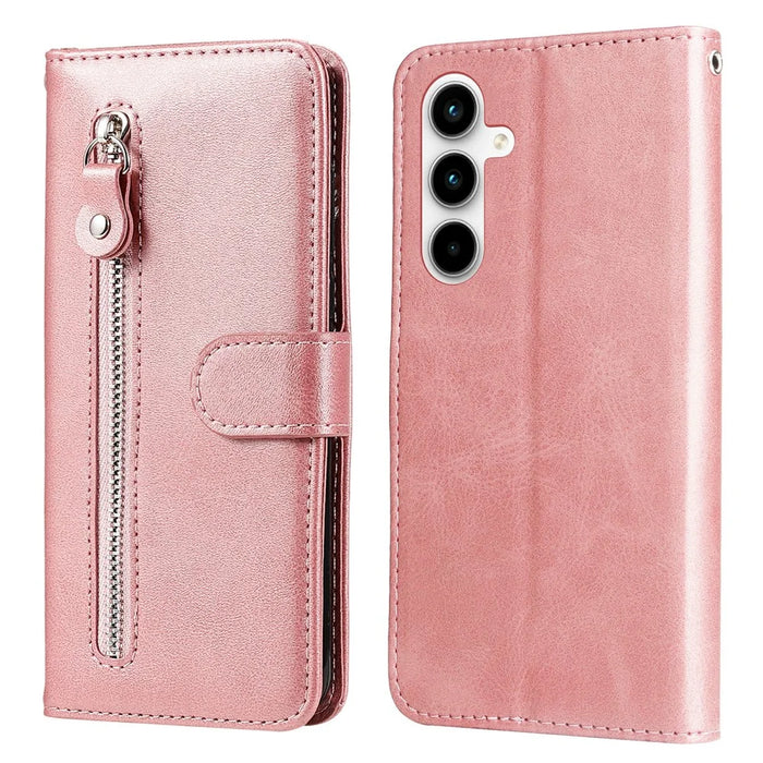 For Samsung Galaxy A35 5G Leather Case Calfskin Zipper Wallet - Pink - 1