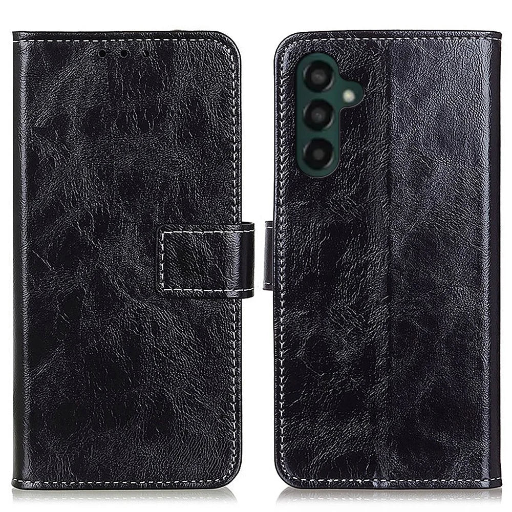 Vintage Crazy Horse Texture Case for Samsung Galaxy A55 5G  Magnetic PU Leather Stand Cover - Black - 1