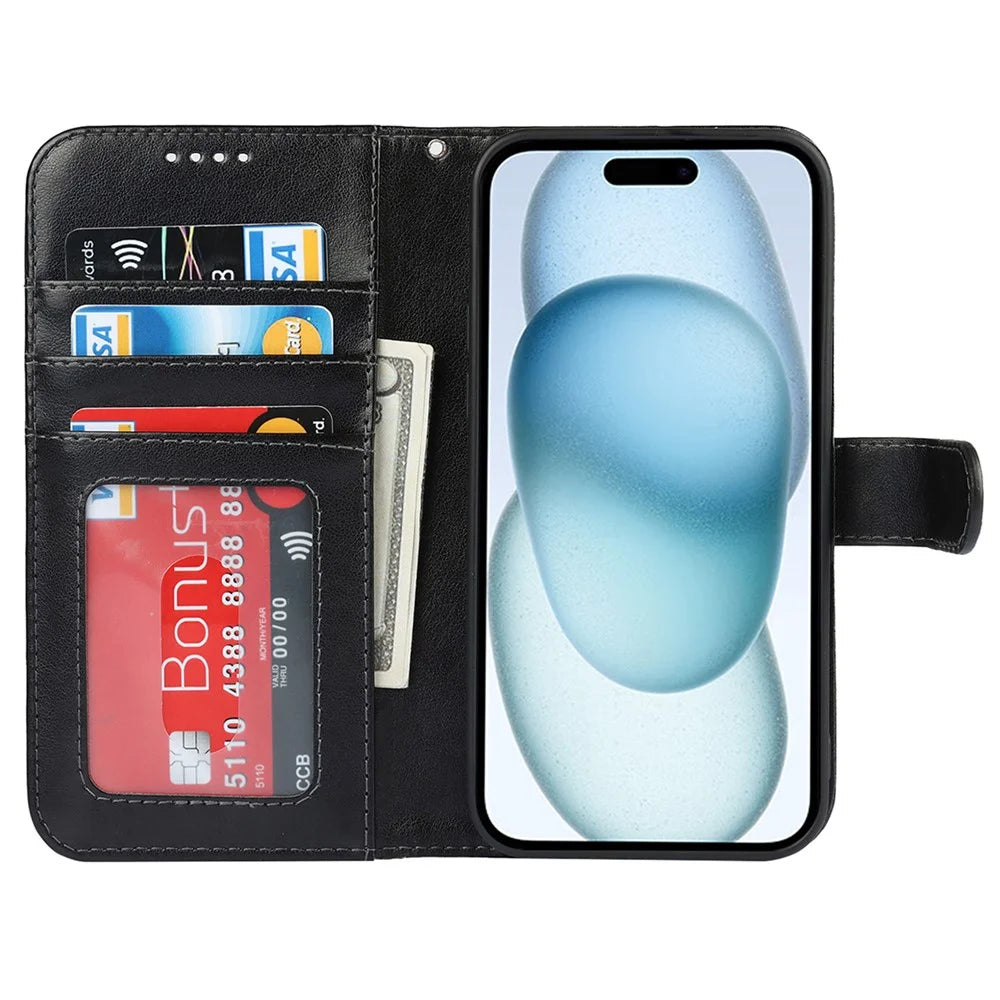 For iPhone 15 Cell Phone Case R61 Texture Felled Seam Flip Cover with Stand Wallet - Black - 2