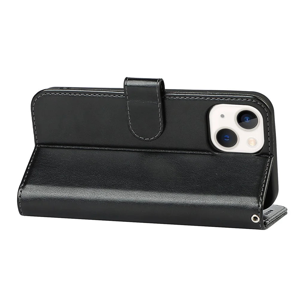 For iPhone 15 Cell Phone Case R61 Texture Felled Seam Flip Cover with Stand Wallet - Black - 4