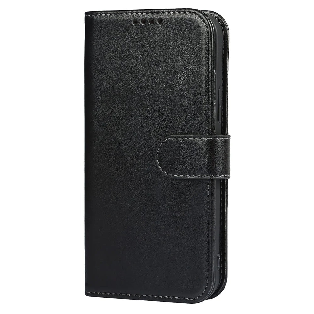 For iPhone 15 Cell Phone Case R61 Texture Felled Seam Flip Cover with Stand Wallet - Black - 6
