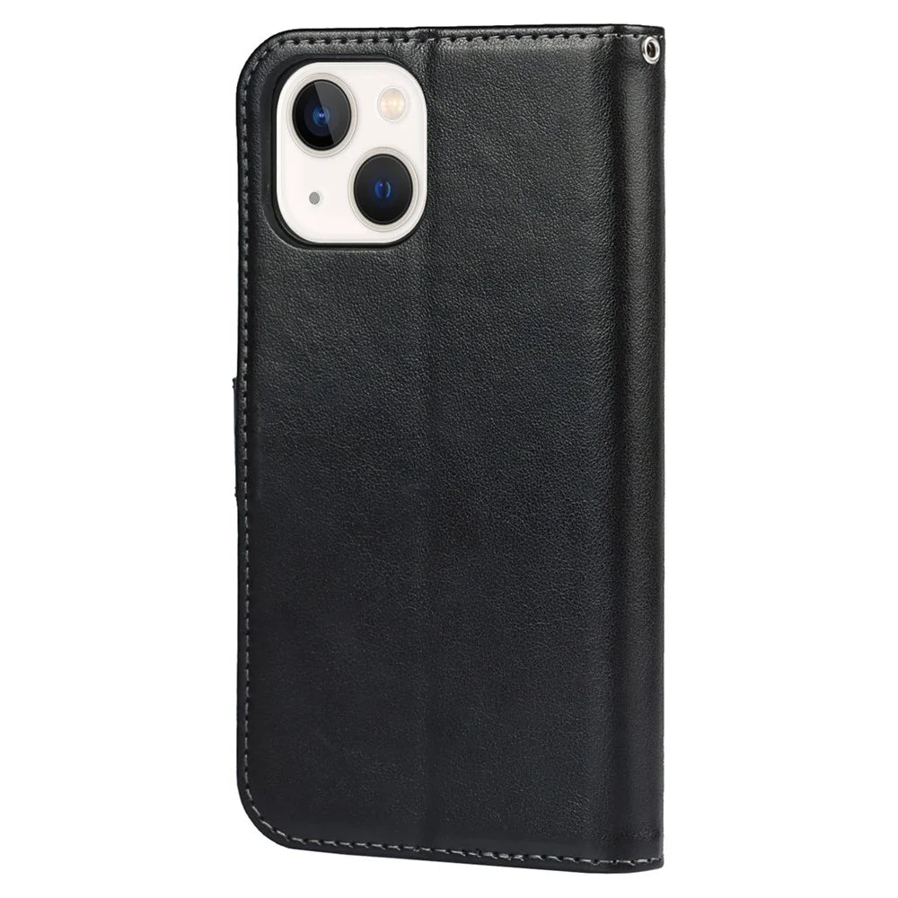 For iPhone 15 Cell Phone Case R61 Texture Felled Seam Flip Cover with Stand Wallet - Black - 7