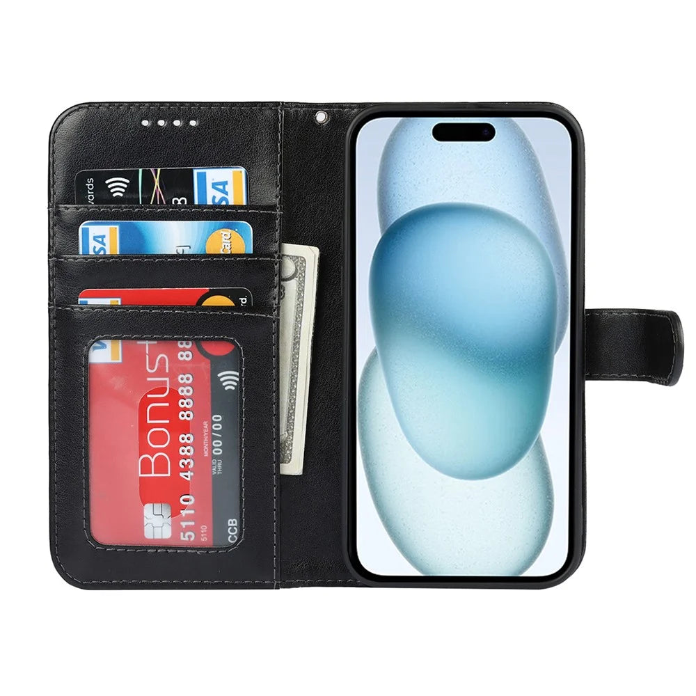 For iPhone 15 Plus R61 Texture Printed Wallet Case Stand Feature with Wrist Strap - Black - 2