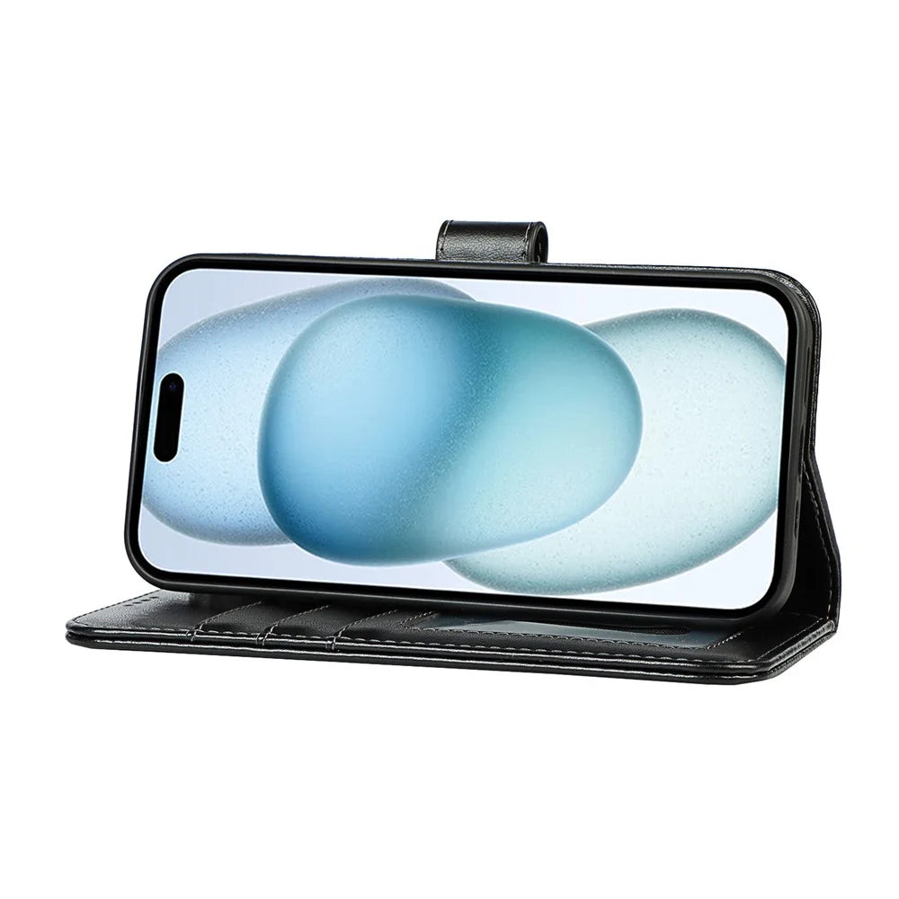 For iPhone 15 Plus R61 Texture Printed Wallet Case Stand Feature with Wrist Strap - Black - 3