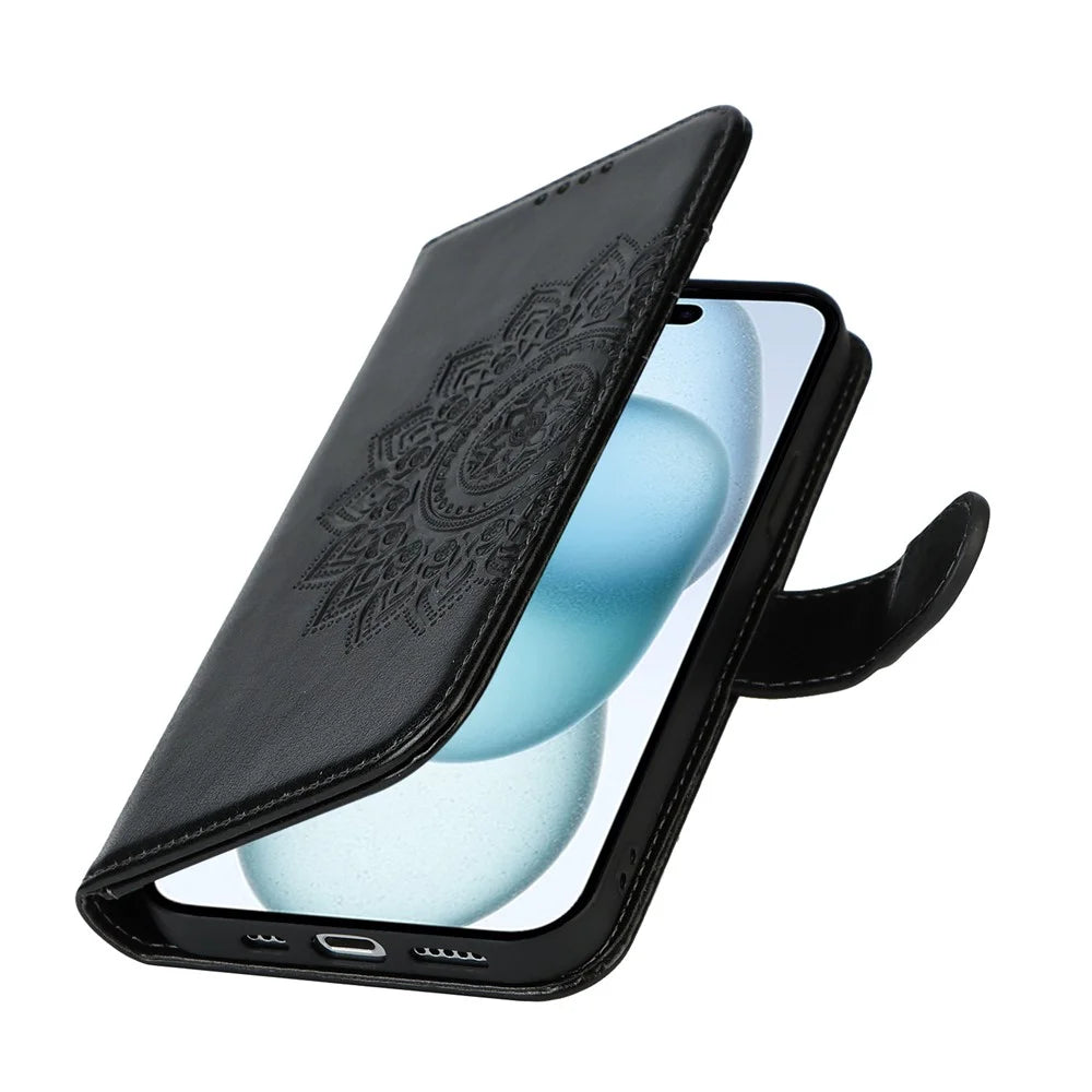 For iPhone 15 Plus R61 Texture Printed Wallet Case Stand Feature with Wrist Strap - Black - 5