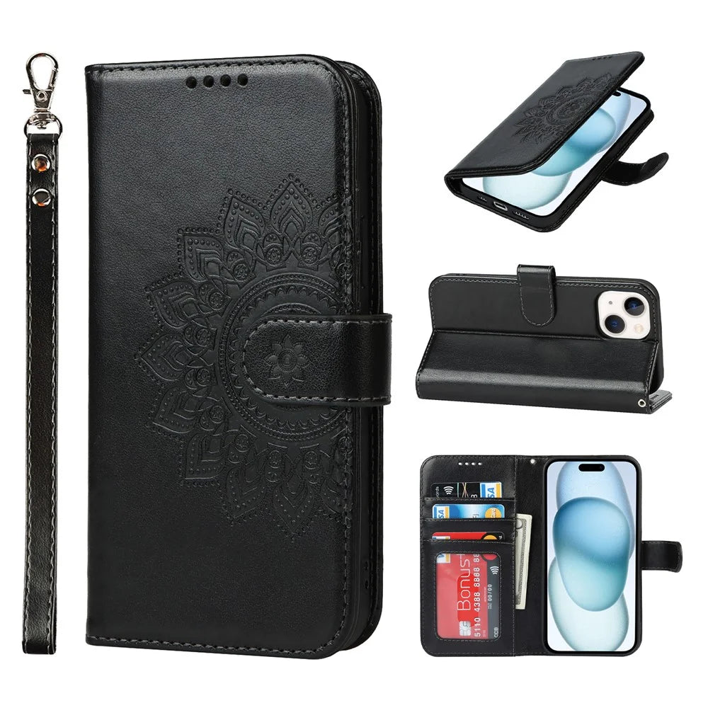 For iPhone 15 Plus R61 Texture Printed Wallet Case Stand Feature with Wrist Strap - Black - 7