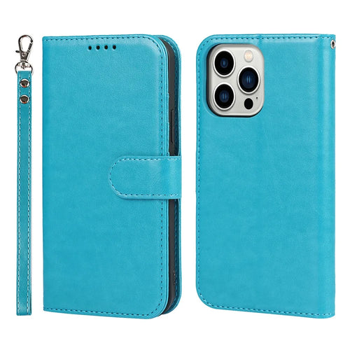 For iPhone 15 Pro Cell Phone Case R61 Texture Felled Seam PU Leather Cover with Stand - Blue - 1
