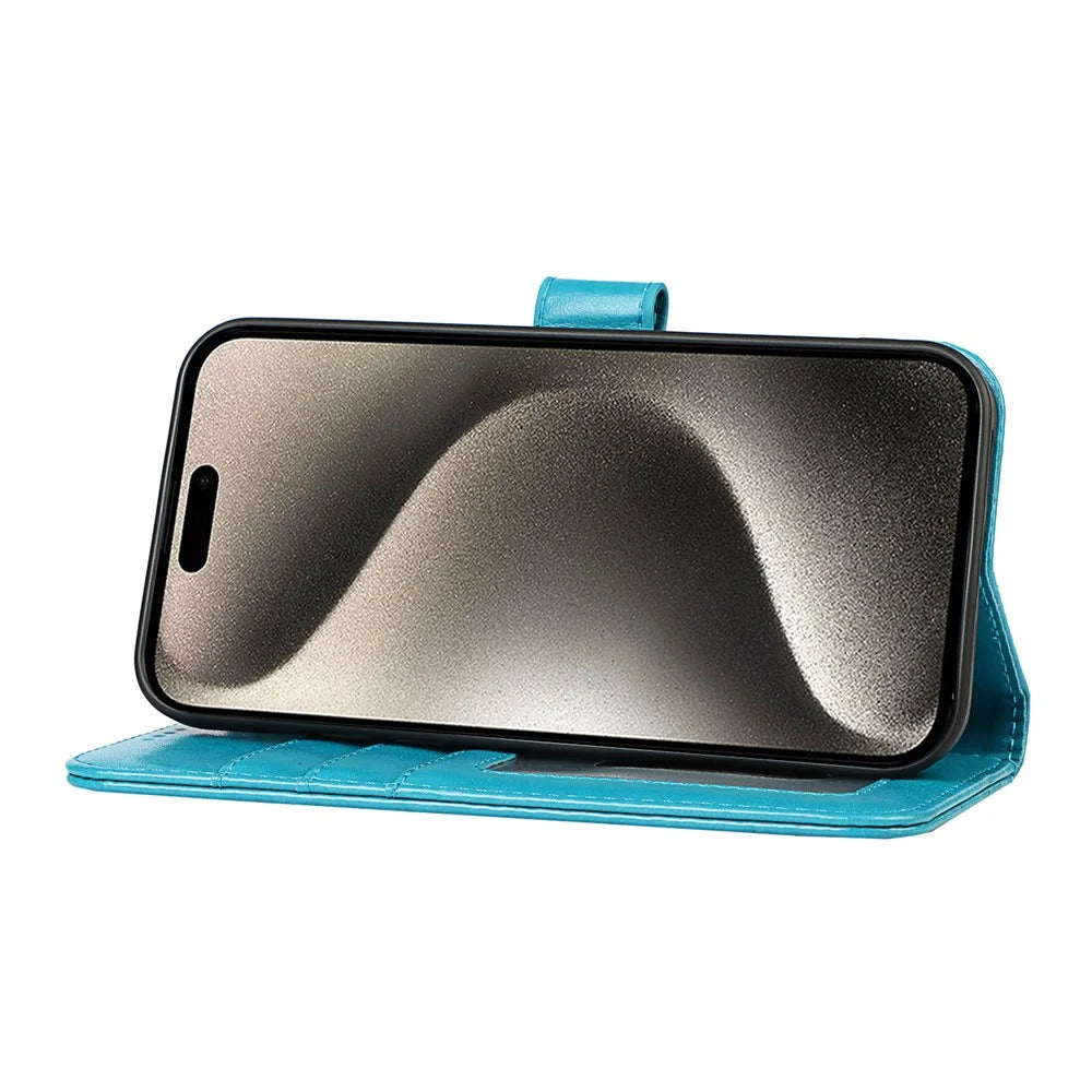 For iPhone 15 Pro Cell Phone Case R61 Texture Felled Seam PU Leather Cover with Stand - Blue - 3