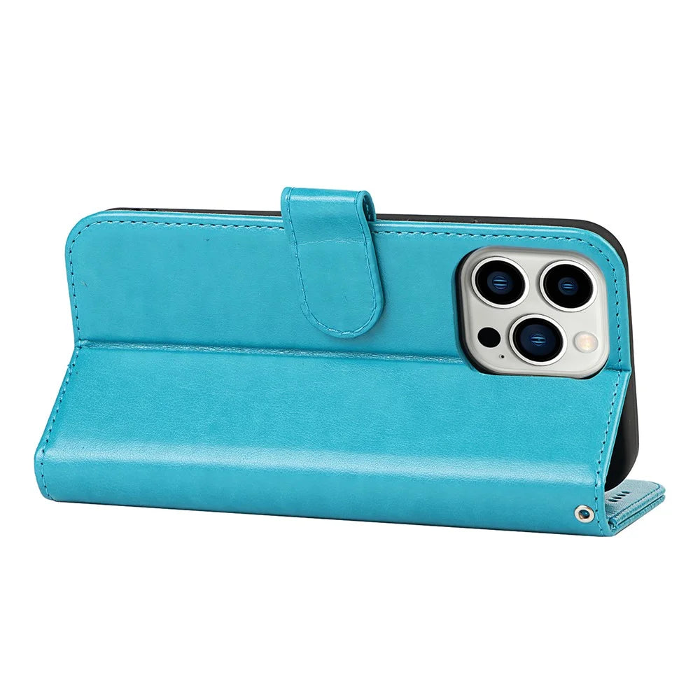 For iPhone 15 Pro Cell Phone Case R61 Texture Felled Seam PU Leather Cover with Stand - Blue - 4