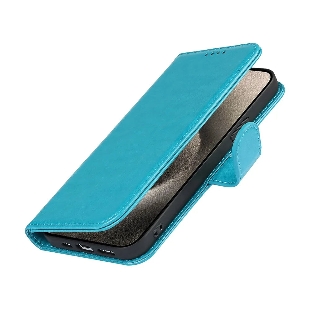 For iPhone 15 Pro Cell Phone Case R61 Texture Felled Seam PU Leather Cover with Stand - Blue - 5