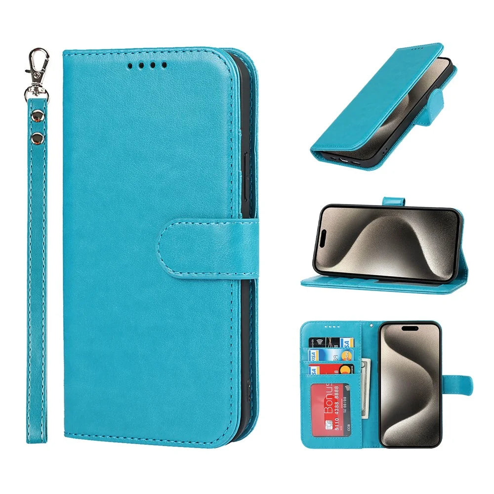 For iPhone 15 Pro Cell Phone Case R61 Texture Felled Seam PU Leather Cover with Stand - Blue - 7