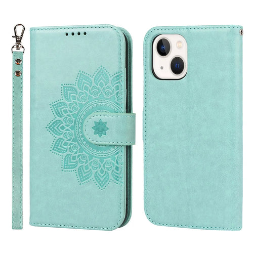 For iPhone 15 R61 Texture Wallet Case with Print Design PU Leather Phone Cover - Light Green - 1