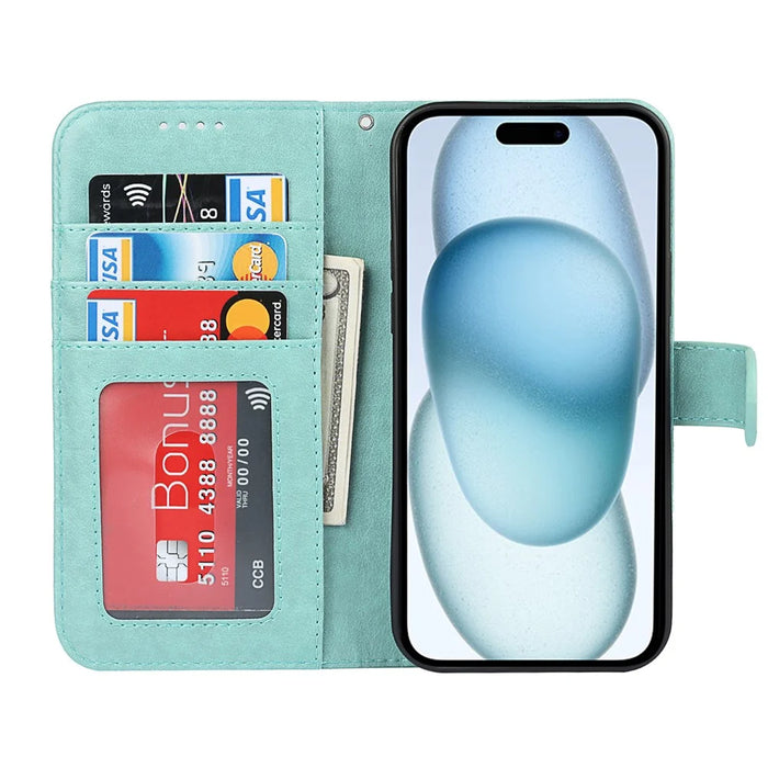 For iPhone 15 R61 Texture Wallet Case with Print Design PU Leather Phone Cover - Light Green - 2