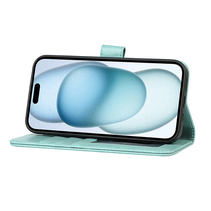 For iPhone 15 R61 Texture Wallet Case with Print Design PU Leather Phone Cover - Light Green - 3