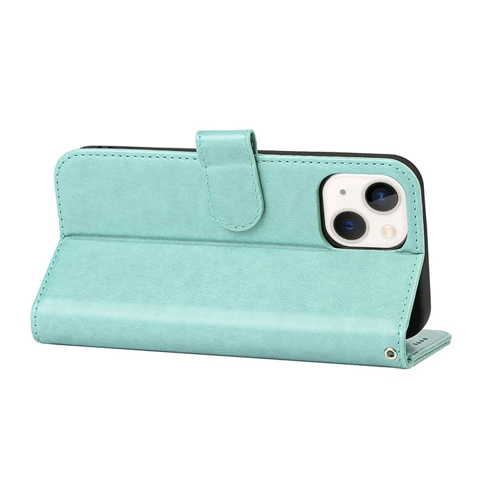 For iPhone 15 R61 Texture Wallet Case with Print Design PU Leather Phone Cover - Light Green - 4