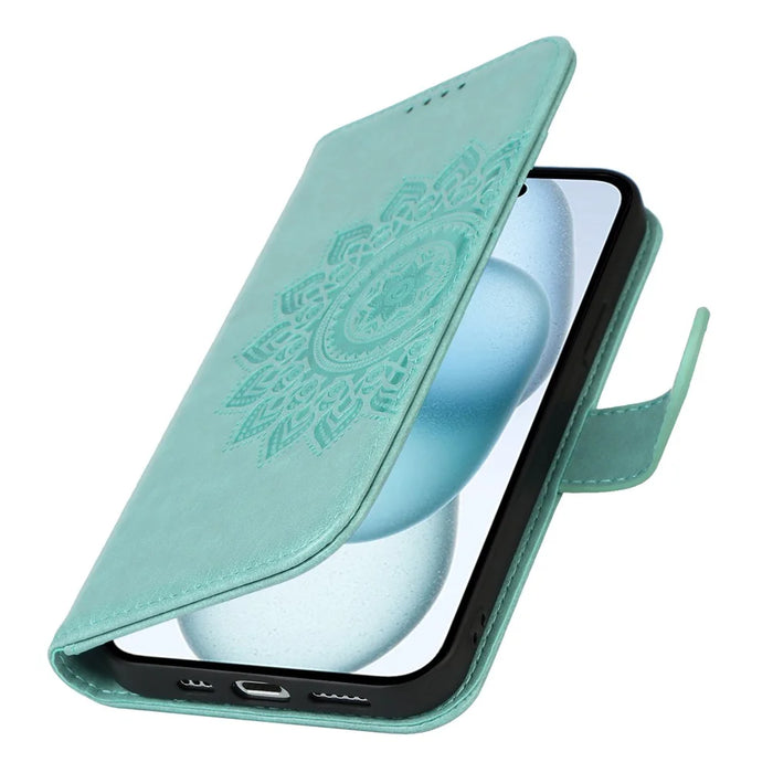 For iPhone 15 R61 Texture Wallet Case with Print Design PU Leather Phone Cover - Light Green - 5