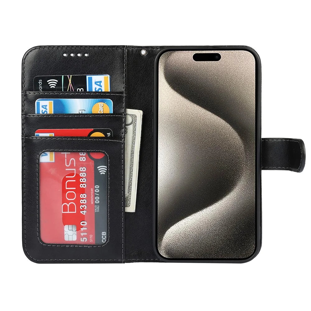 For iPhone 15 Pro Wallet Leather Cover R61 Texture PU Leather Stand Case - Black - 2