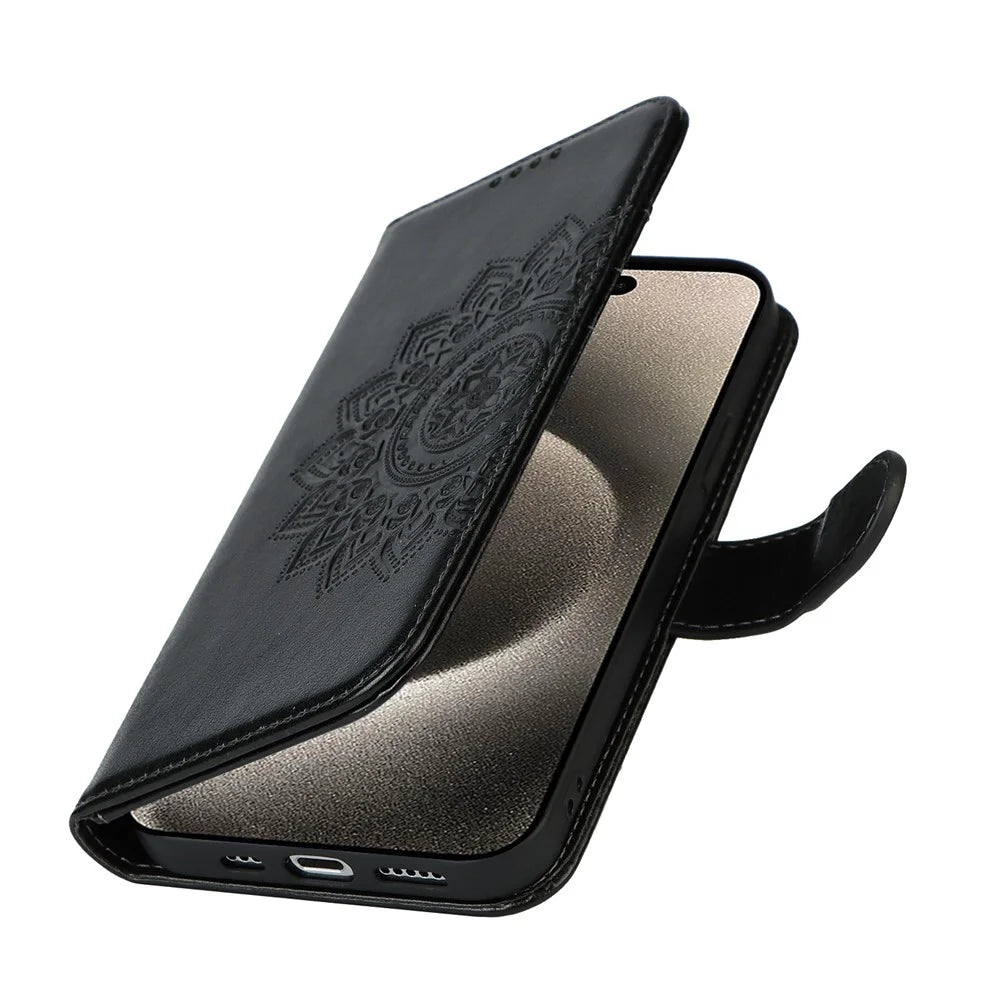 For iPhone 15 Pro Wallet Leather Cover R61 Texture PU Leather Stand Case - Black - 5