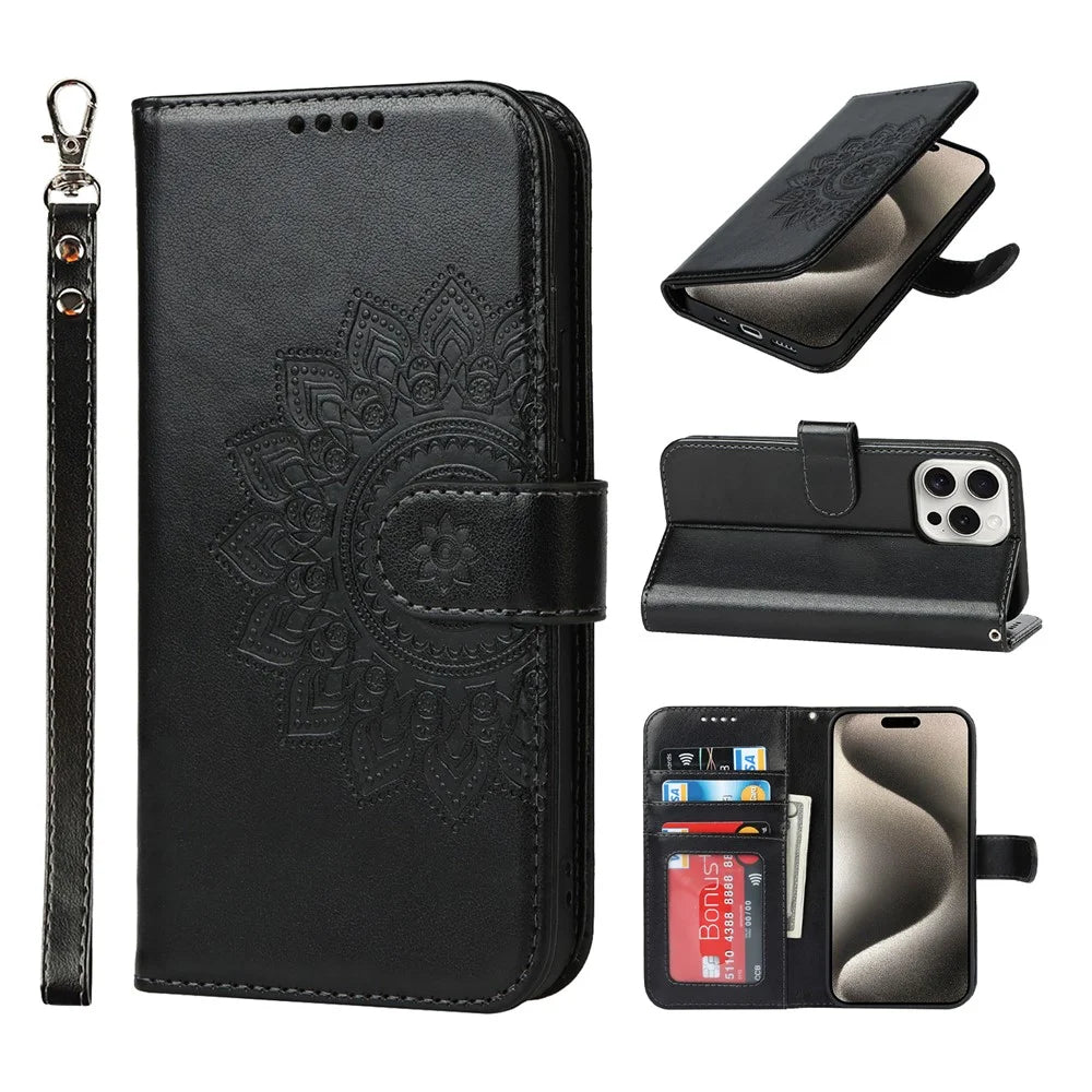 For iPhone 15 Pro Wallet Leather Cover R61 Texture PU Leather Stand Case - Black - 7