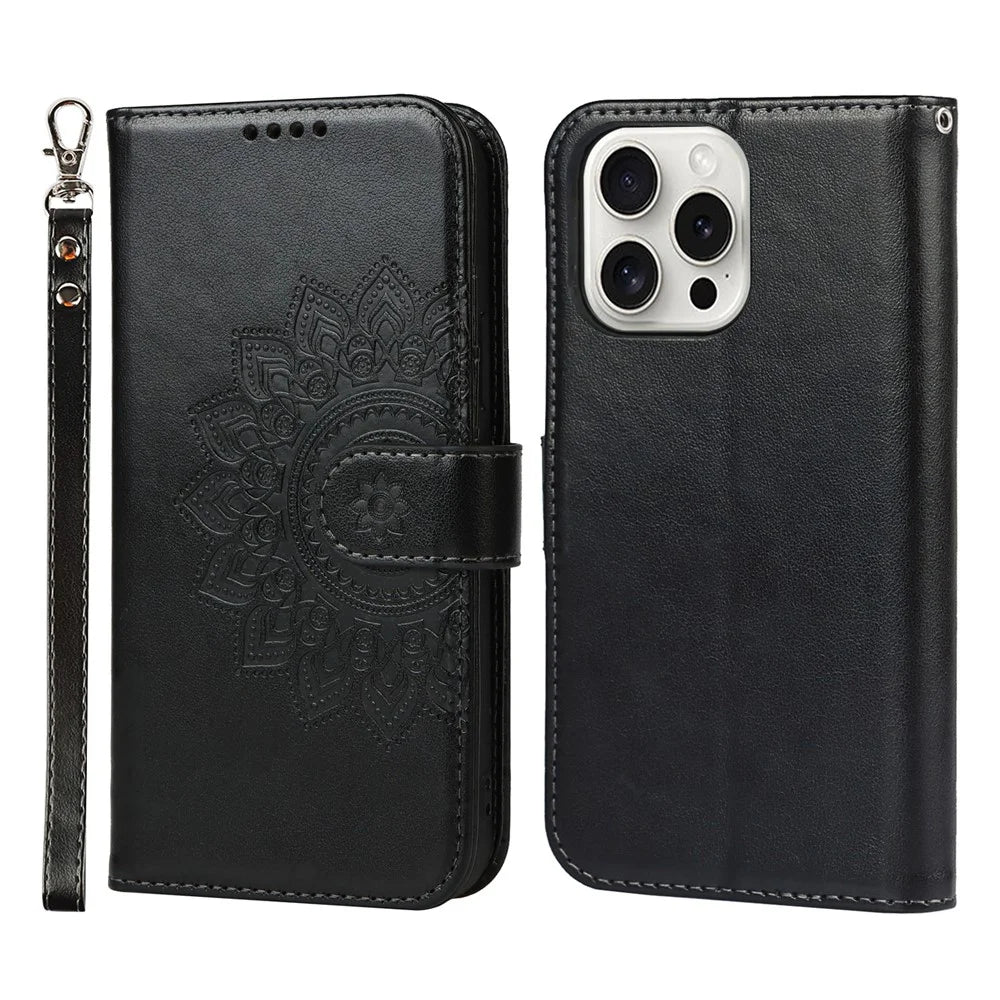 For iPhone 15 Pro Max Wallet Phone Case R61 Texture PU Leather Magnetic Protective Cover - Black - 1
